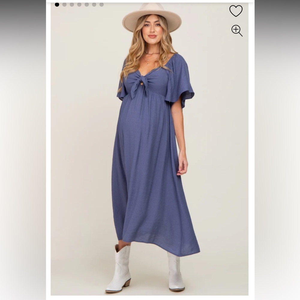 NWT PinkBlush Maternity Navy Front Tie Ruffle Sleeve Midi Dress - Picture 2 of 12